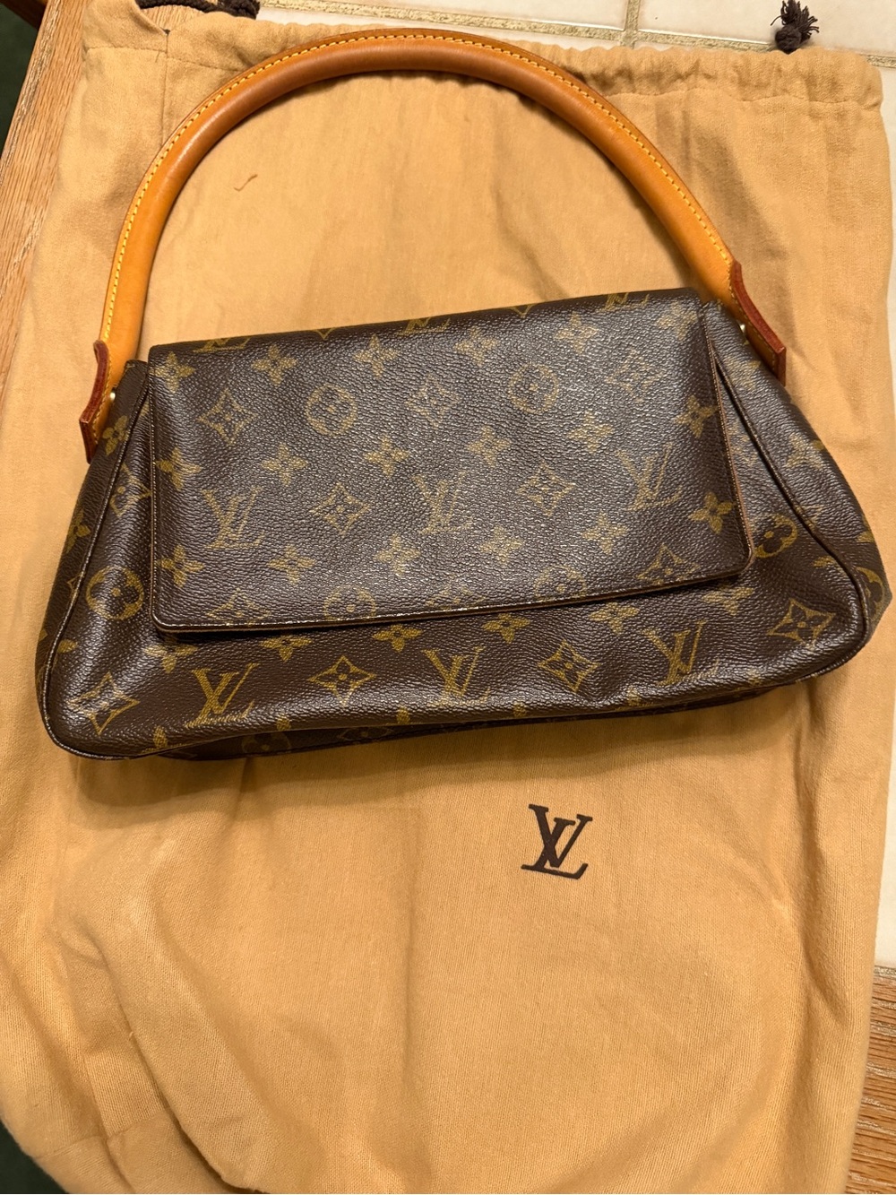 Louis Vuitton Monogram Canvas Shoulder Bag in Brown and Tan Leather Handle